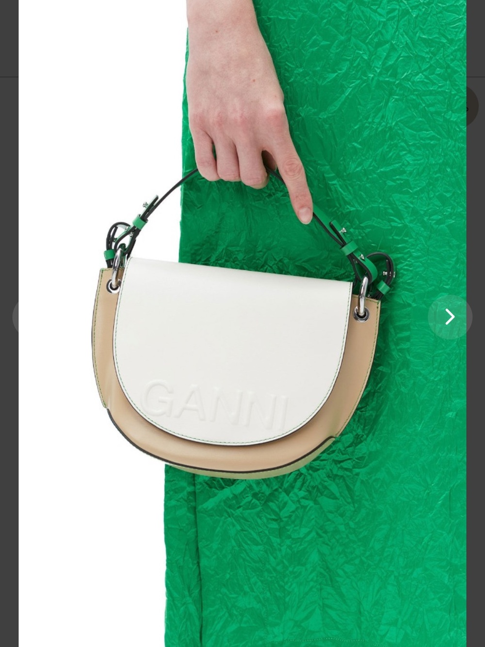 Ganni Cream & Tan Saddle Crossbody with Green Strap